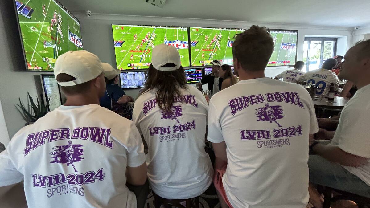 Patrons wearing Super Bowl LVIII custom shirts at the Sportsmen's Club Hotel. Picture by Emily Anderson