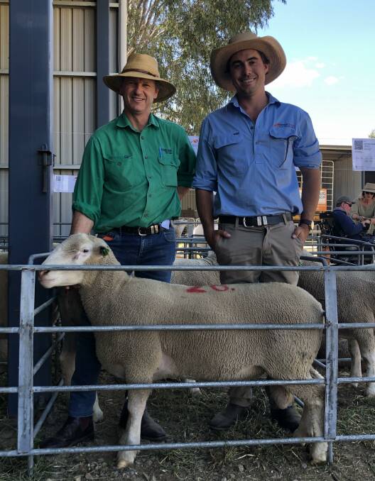 OFFERING: Buyer Tony Flanery of "Lowlynn," Harden secured 12 rams at Kentish Downs. He is pictured with Will Sullivan of Kentish Downs. Picture: Nikki Reynolds