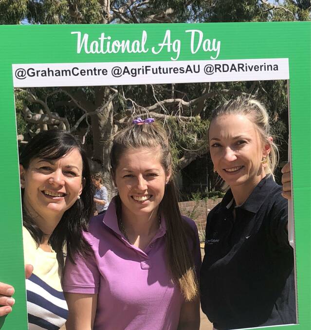 SPOTLIGHT ON AG DAY: Rachel Whiting, RDA Riverina, Kayla Kopp, Graham Centre and Dallas Pearce of Agrifutures celebrate National Agriculture Day. Picture: Nikki Reynolds