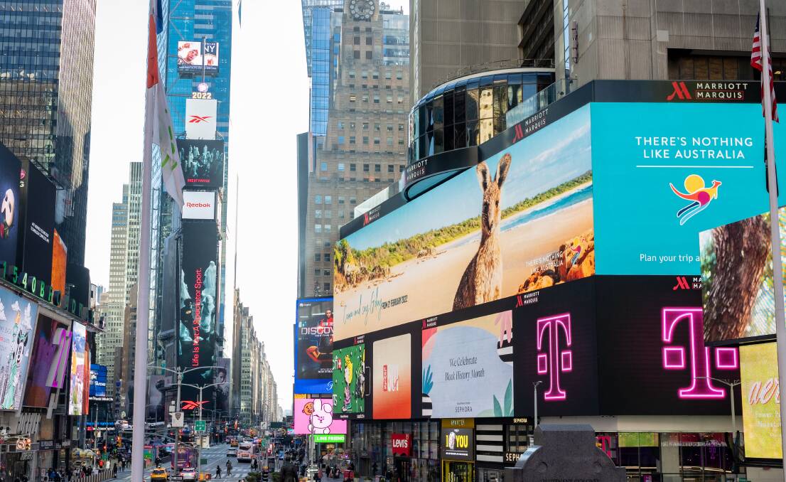 Come and say g'day: Tourism Australia's latest campaign at Times Square in New York featuring kangaroos at Crowdy Bay National Park. Image: Press Association.