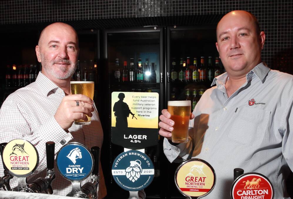 ON TAP: Tim Lewis is launching a beer brand to raise money for veterans. Duke of Kent publican Ward Gaiter is on board. Picture: Les Smith