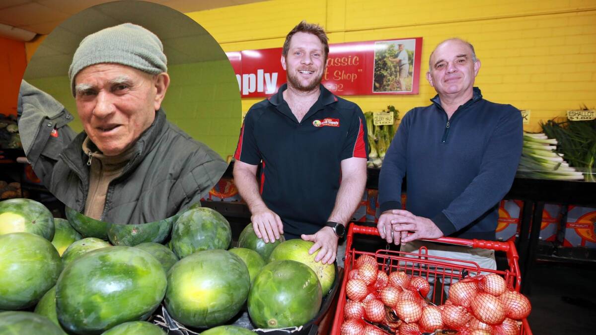 FRUITFUL FAMILY: Angelo Papasidero (inset) worked at Wagga Fruit supply alongside his grandson Steve Papasidero and his son Robert Papasidero. Picture: Les Smith