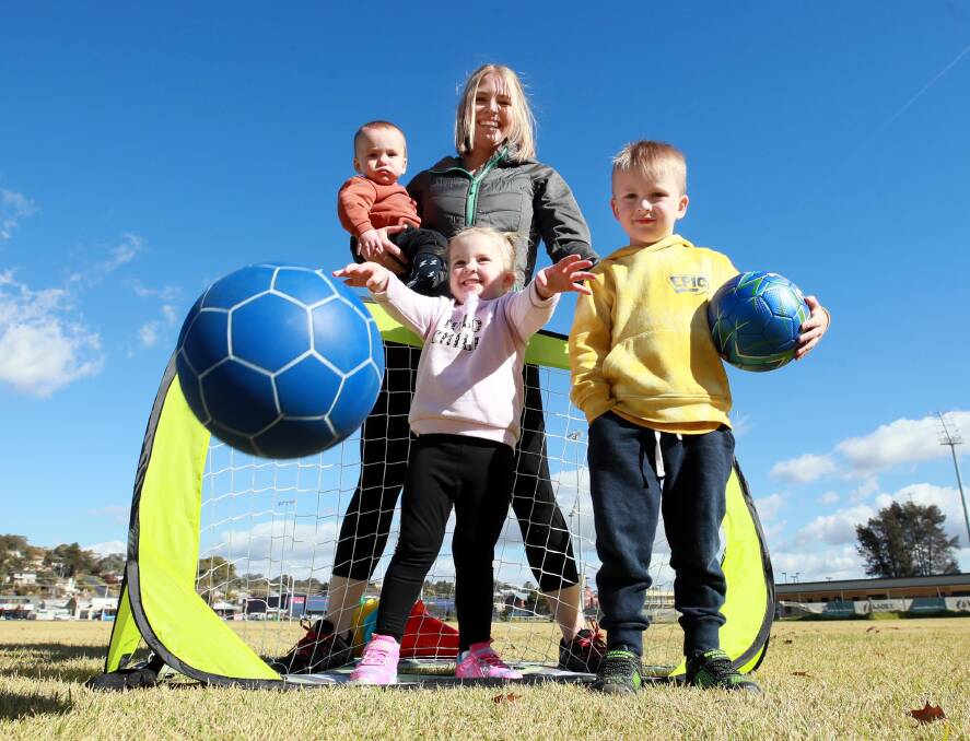 KICKING GOALS: Wagga mum Sarah Humphries will soon be starting Small Stars with her kids, Zahli, Grayson and Nash. Picture: Les Smith