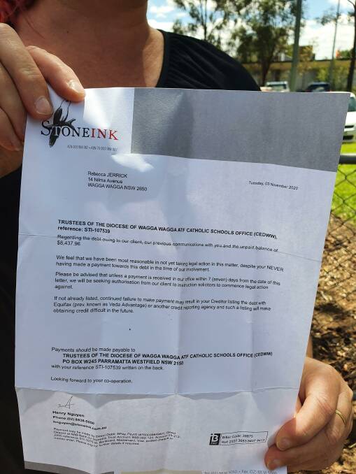 Rebecca Jerrick with a letter from the Stoneink debt collection agency threatening legal action. Picture: Kenji Sato