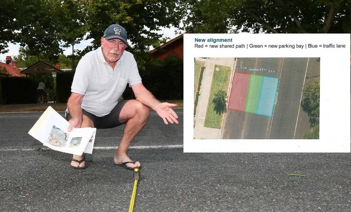 FURIOUS: Beckwith Street resident Eric Board has major complaints about the design of the new cycle path, which will be nestled in between parking spots and the nature strip and bordered by a rubber barrier. Picture: Emma Hillier