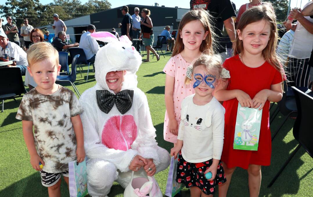 HOPPED UP: Cooper, Olivia, Milla and Ruby Kahlefeldt hopping with excitement to meet with the Easter Bunny. Picture: Les Smith