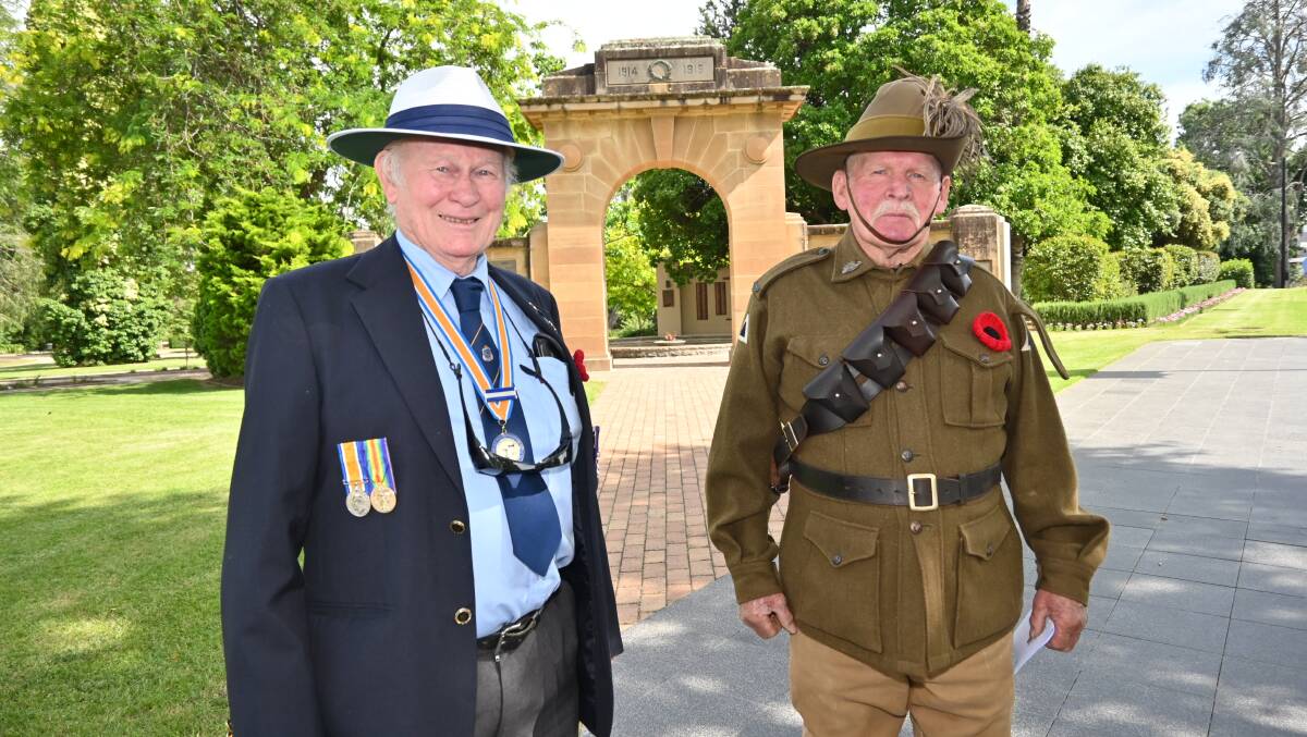 Reg Hearne and Tony Hobbs at the 2020 Remembrance Day. Picture: Kenji Sato