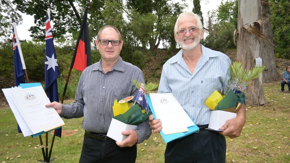 Richard Walsh and Duncan Ott become Aussie citizens at the 2021 Tumut Australia Day ceremony. Picture: Kenji Sato