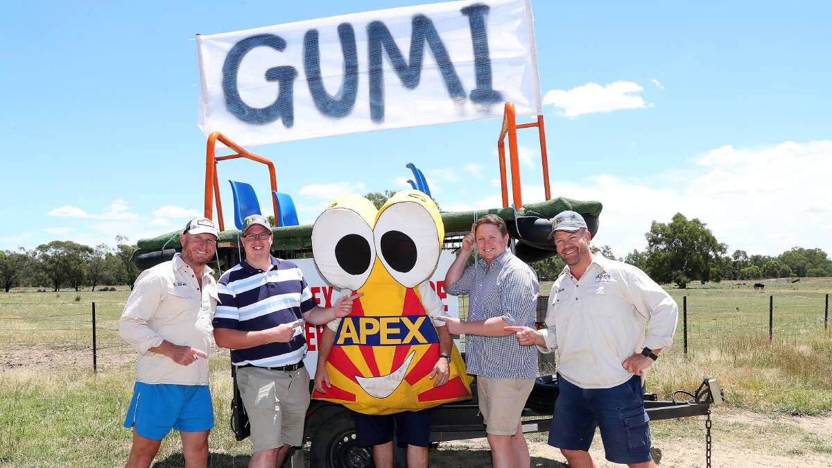 GUMI: Mark Stephenson, Tim Sheather, Scott Bredin (as the Apex mascot), Josh Paul and Kym Crawford. Picture: Kieren L.Tilly