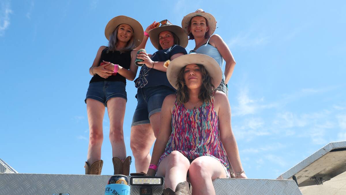Terri Wellings, Jess Theobald, Sarah Hetherongton and Katie McGarry came from Goolgowi to join in the night at The Rock B&S 2019. Picture: Emma Hillier