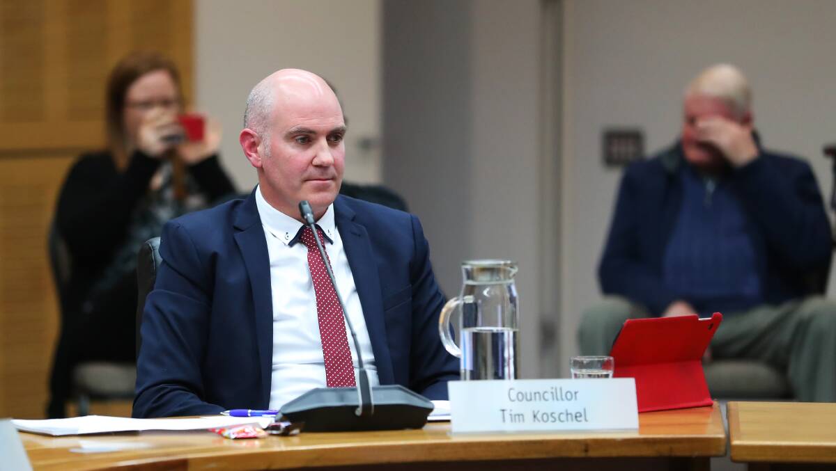 Wagga councillor Tim Koschel photographed in 2020 during a council meeting. Picture: Emma Hillier 