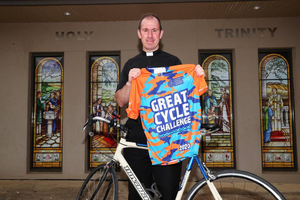 PRIEST POWER: Fr Thomas Casanova and his priest-powered bicycle. Picture: Emma Hillier