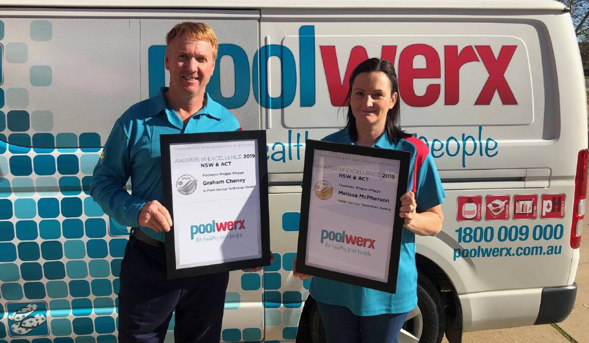 Award winning: Poolwerx Wagga owner, Graham Cheney with retail manager Melissa McPherson who are celebrating their awards. Picture: Supplied 