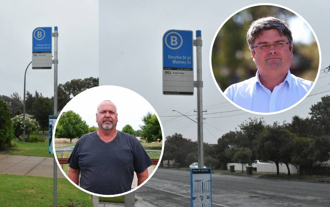 TAKE THEM OUT: Councillor Paul Funnell and council general manager Peter Thompson have both expressed frustration over the new bus stop parking zones. Pictures: Catie McLeod/Emma Hillier