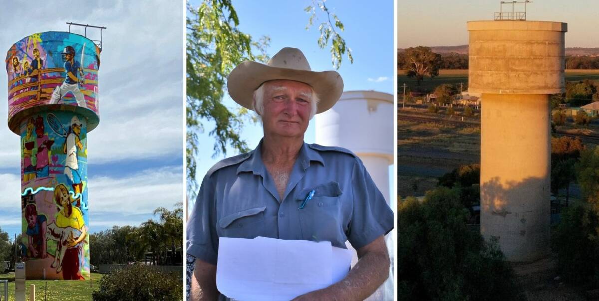 FED UP: Yerong Creek's Shayne Collins is one resident opposing the mural, pictured left, proposed for the water tower in their town. Pictures: Lockhart Shire Council/Catie McLeod