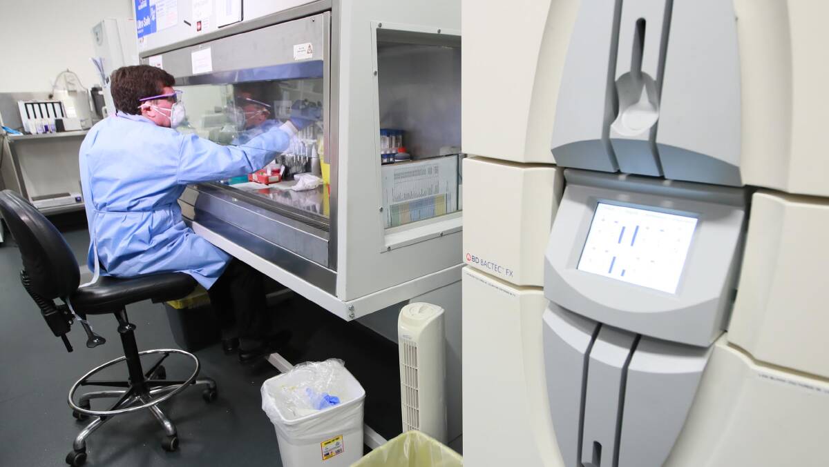 EQUIPMENT: Senior microbiology scientist Robert Johnson analysing COVID-19 tests. Picture: Les Smith