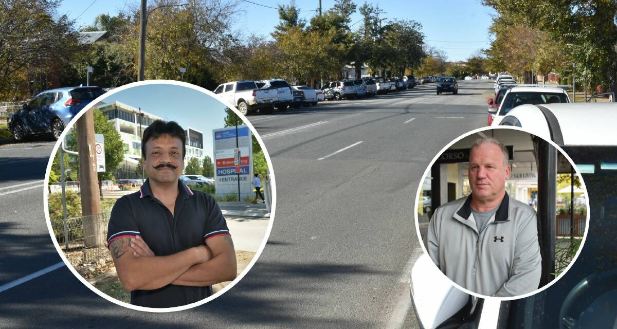 PARKING PAIN: NSWNMA Wagga Mental Health Branch president Amit Gupta and Brookong Avenue resident Stephen Lawler. Pictures: Kenji Sato/Catie McLeod