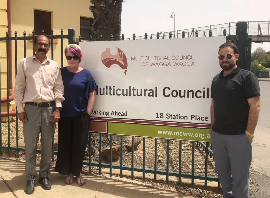 FUNDRAISERS: Wagga Multicultural Council CEO Belinda Crain with members of Wagga's Yazidi refugee community Khedder Sharkan and Shab Mahmood.