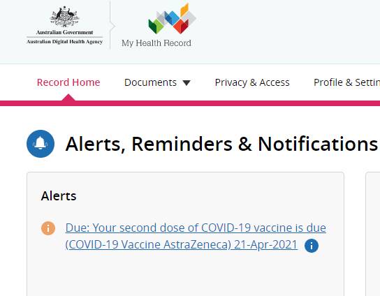 The vaccine reminder John May got when he logged onto My Health Record. 