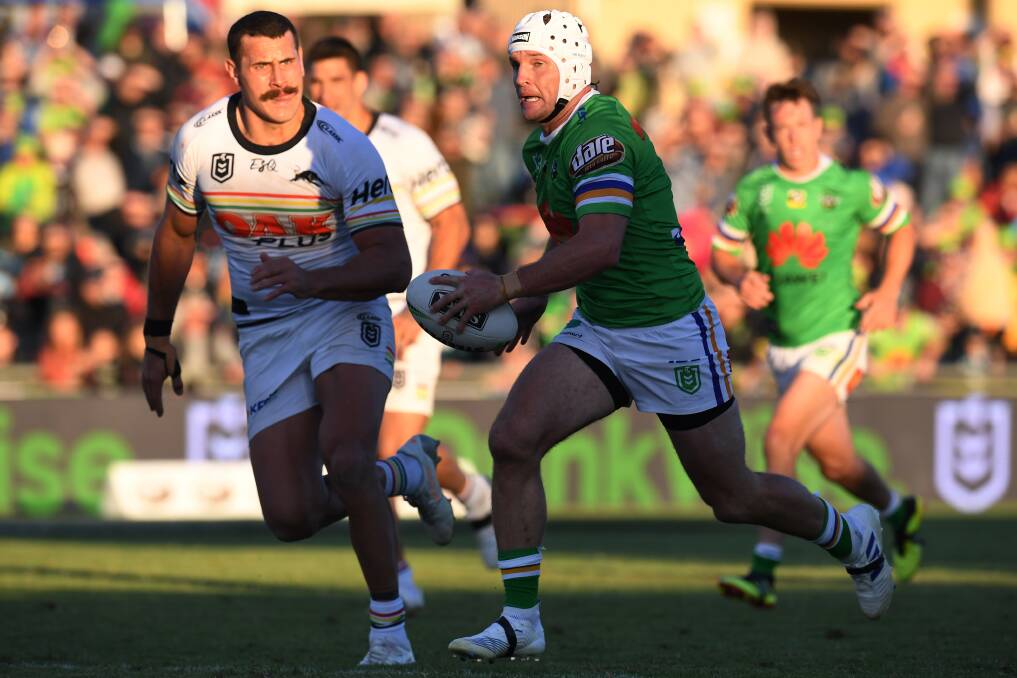 RAIDER READY: Canberra skipper Jarrod Croker makes a break against Penrith in Wagga early this month. Picture: AAP Image/Dean Lewins.