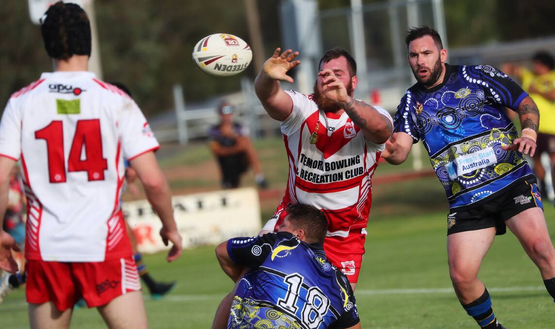 SWIFT RETURN: Temora Dragon Luke Skidmore makes an offload against Nowra Bomaderry during this year's West Wyalong Knockout. Picture: Emma Hillier