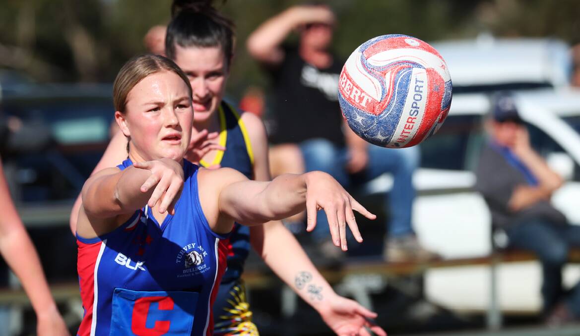 STRONG WIN: Lucy McIntyre gets a pass away during Turvey Park's win over Leeton-Whitton. Picture: Emma Hillier