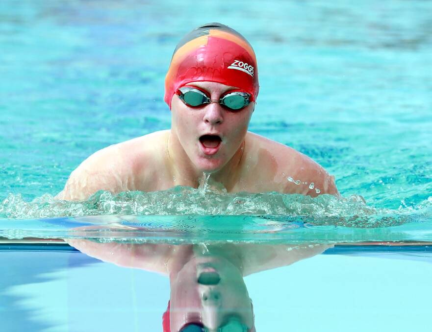SCHOOL CARNIVAL: Tyler Byrne competing in the 14 years boys breaststroke during Kooringal High School's swimming carnival on Wednesday. Picture: Les Smith 