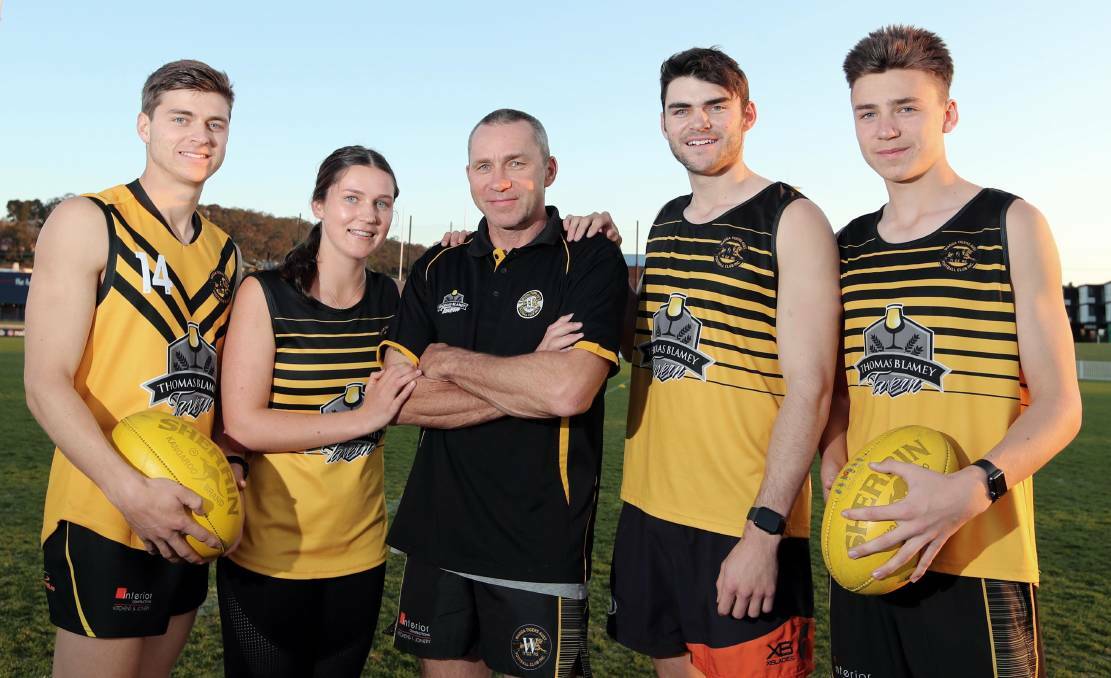 Jackson, Eliza, Paul, Ben and Harry Kelly at Wagga Tigers' training last year. Picture: Les Smith