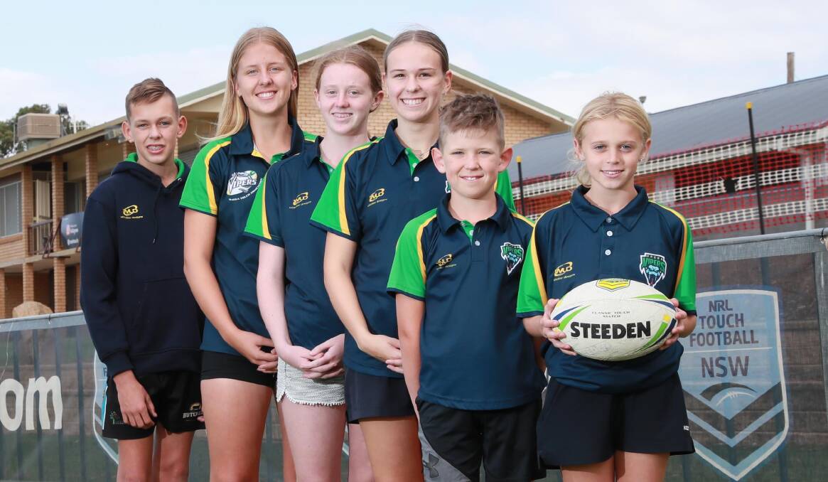 STATE CHAMPS: Cody Reynoldson, 13, Eliza Walsh, 13,
Saffron Robertson, 15, Halle Watson, 15, Blair Walsh, 10
and Holly Williams, 10 will represent Wagga Vipers on home
soil at the Junior State Cup Southern Conference. Picture: Les Smith