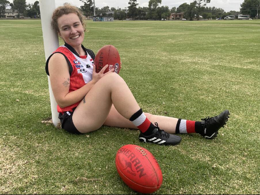 FOOTY FANATIC: American Sophia Joy Cox-Wright has found a new 'obsession' in Aussie Rules with North Wagga. Picture: Jon Tuxworth