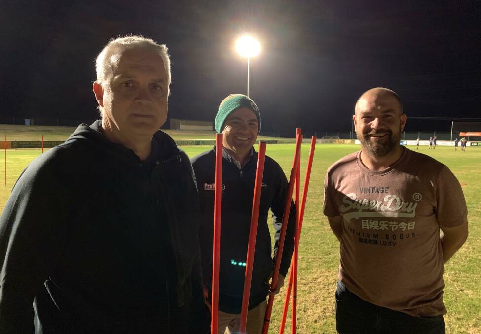TOP TIPS: Former NRL coach Anthony Griffin and Wagga Kangaroos coaches Troy Brose and Andrew Hinchliffe at a coaching course at Equex Centre on Tuesday night.