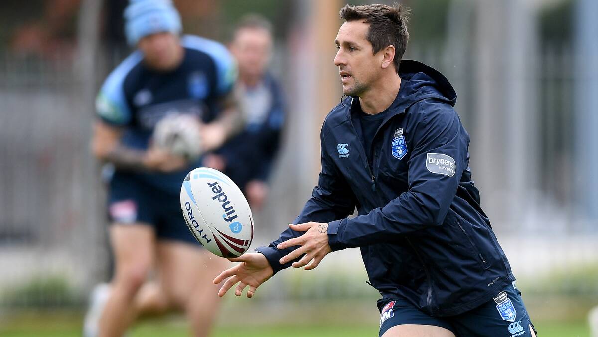 BACK IN BLUE: Mitchell Pearce at training this week. Picture: AAP Image/Dan Himbrechts