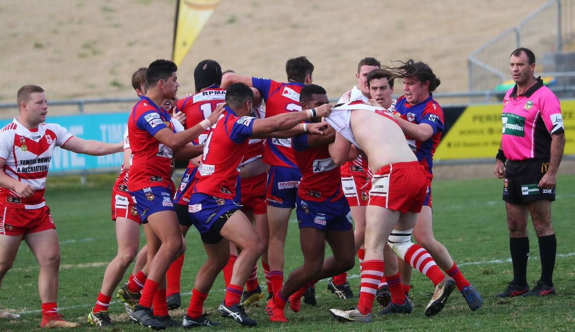 FIERY CLASH: A scuffle ensues after a high tackle left Kangaroos halfback Zach Graham with concussion during their clash with Temora on Sunday. Picture: Emma Hillier
