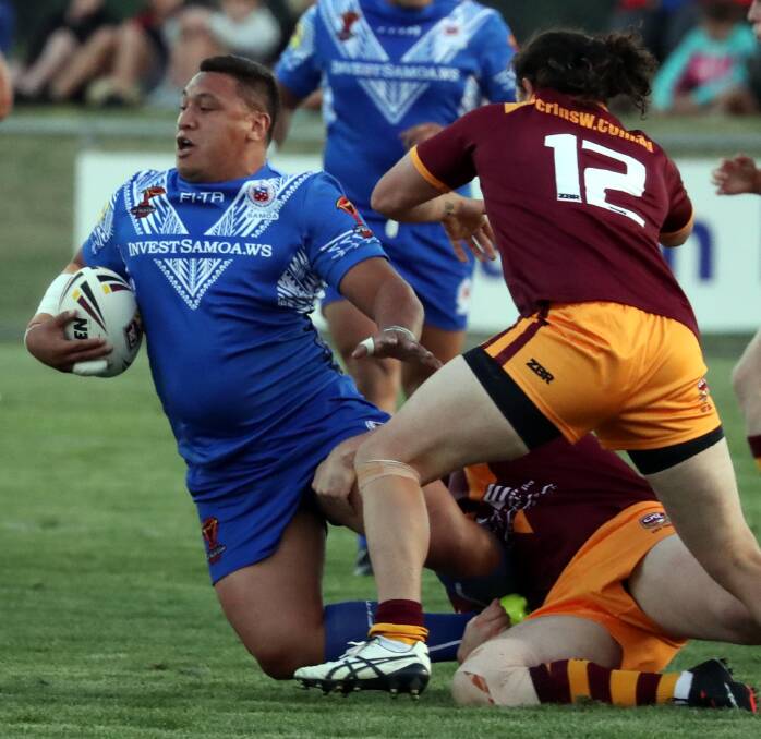 WORLD CUP: Canberra Raider Josh Papalii playing for Samoa in a World Cup warm-up game at Wagga in 2017. Picture: Les Smith