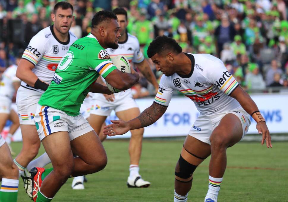 SQUARE OFF: Canberra's Dunamis Lui and Penrith's Viliame Kikau go head to head during the NRL clash at Wagga last season. Picture: Les Smith