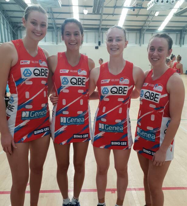 SWIFTS HITOUT: Wagga's Sophie Fawns (second from left) played in NSW Swifts' pre-season clash with GWS in Goulburn on the weekend. Picture: Netball NSW
