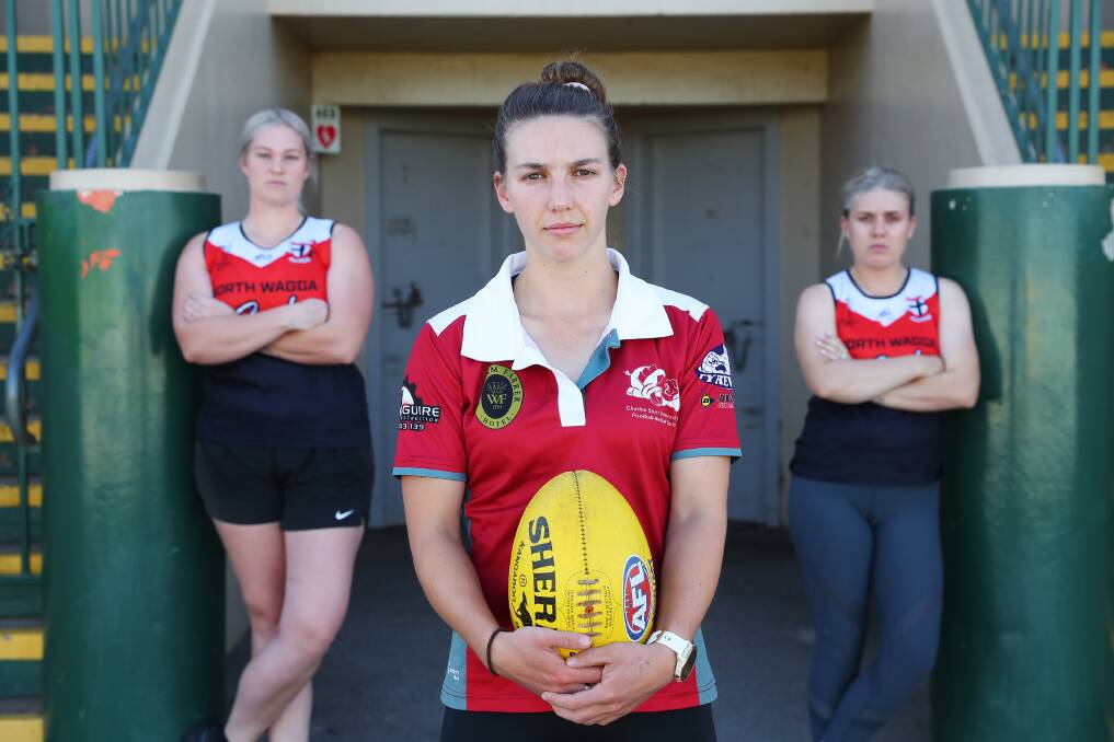 DISAPPOINTING END: North Wagga's Skye Davey, CSU's Gabrielle Goldsworthy and North Wagga's Nat Creed are shattered their team's grand final clash has been cancelled. Picture: Emma Hillier
