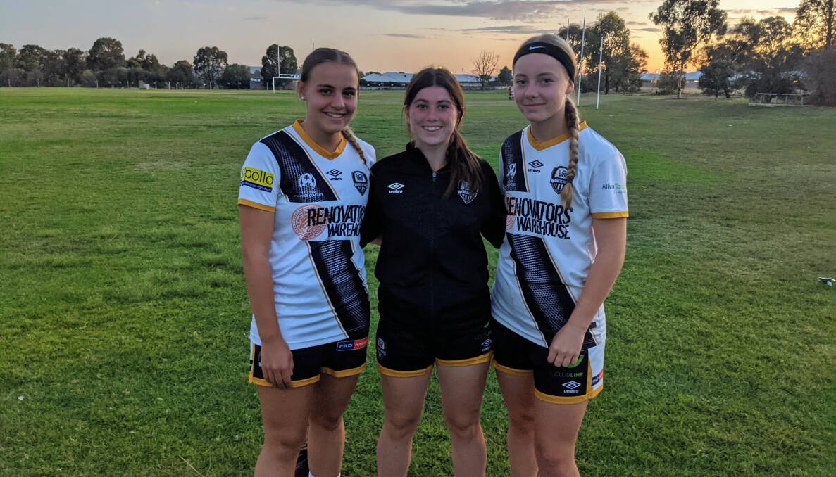SYDNEY BOUND: Wagga City Wanderers players Ava Tuksar, Piper Lockley and Samantha Emma will play in a Young Matildas trial match on Wednesday. Picture: Wagga City Wanderers. 