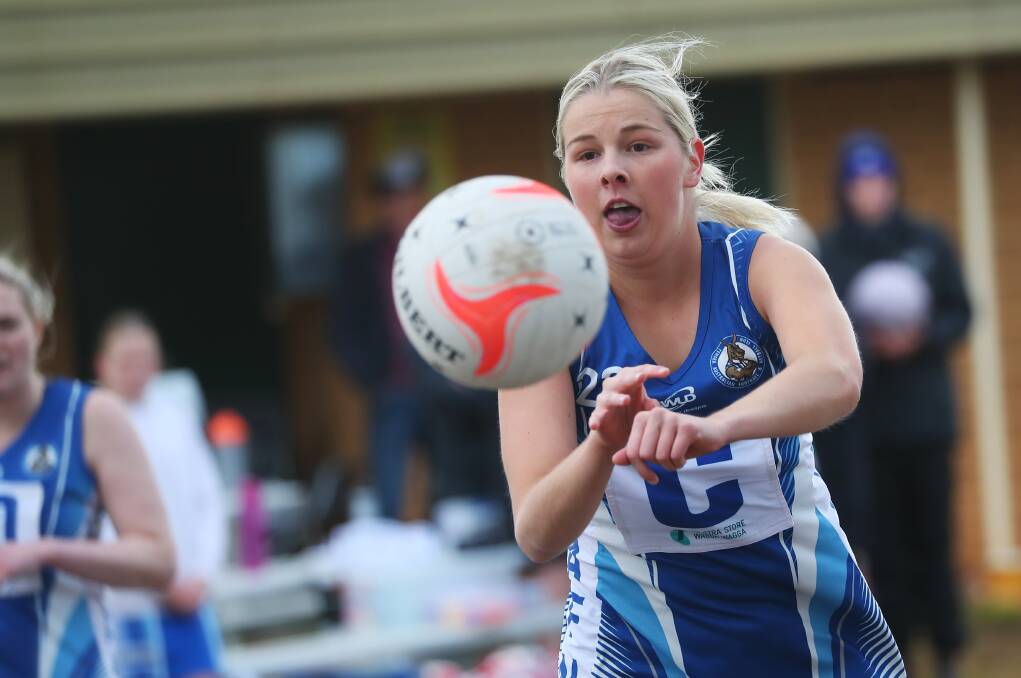 DOUBLE CHANCE: Temora centre Meg Reinhold makes a pass during the Kangaroos' big win over North Wagga, which secured them the double chance in finals. Picture: Emma Hillier