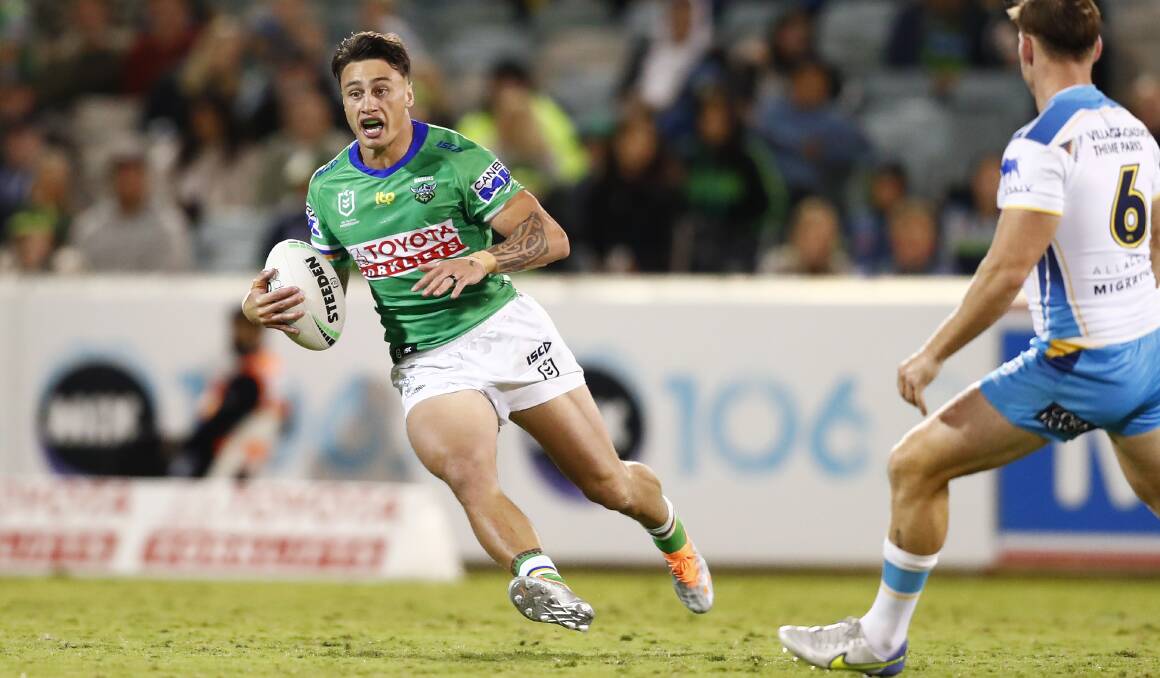 BOUNCE BACK: Canberra Raiders fullback Charnze Nicoll-Klokstad
says the Green Machine are looking to atone for a mistake-riddled loss
to Manly when they take on Melbourne in Wagga on Saturday.
Picture: Keegan Carroll 