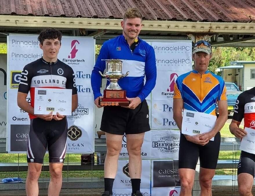 PODIUM FINISH: Wagga Cycling Club's Tyler Beruldsen claimed Dean Carter Memorial honours over Tour de Riverina points leader Ethan Watt (Tolland) and Nigel Dunstone ( Griffith Cycling Club). Picture: Griffith Cycling Club 