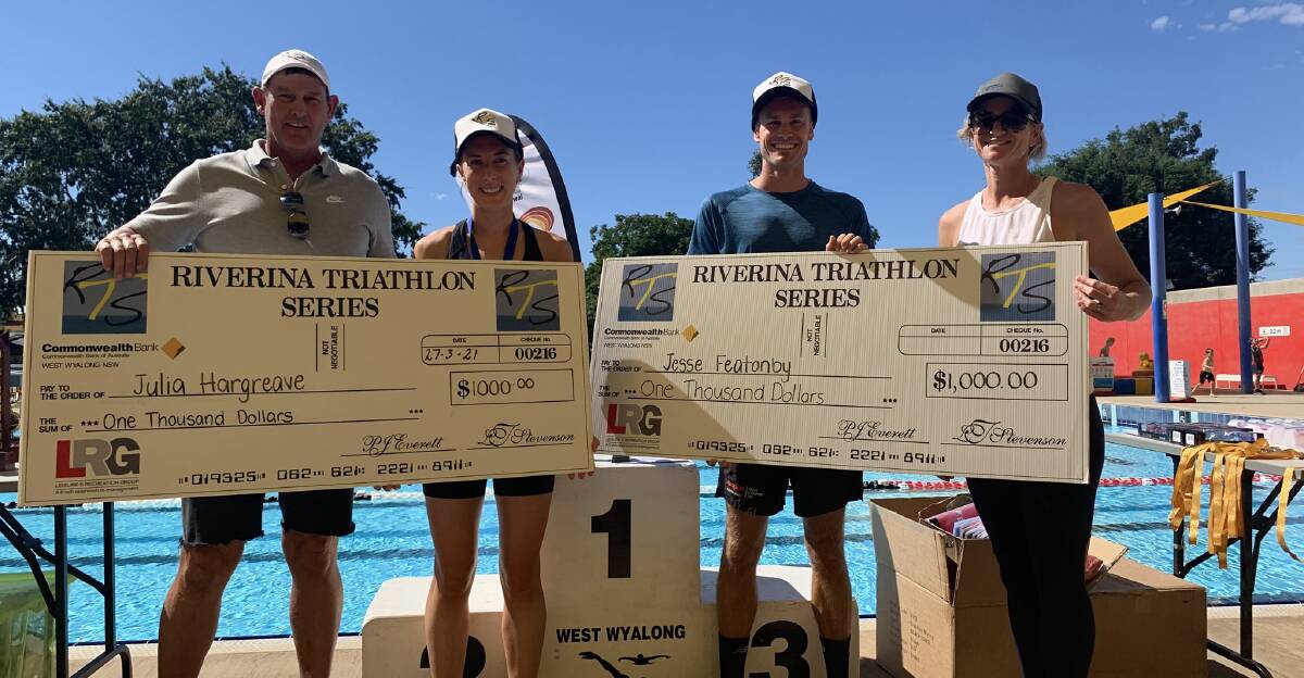 DOMINANT VICTORY: Julia Hargreave and Jesse Featonby (middle) completed a clean sweep of the Riverina Tri Series at West Wyalong on Saturday. Picture: Riverina Tri Series 