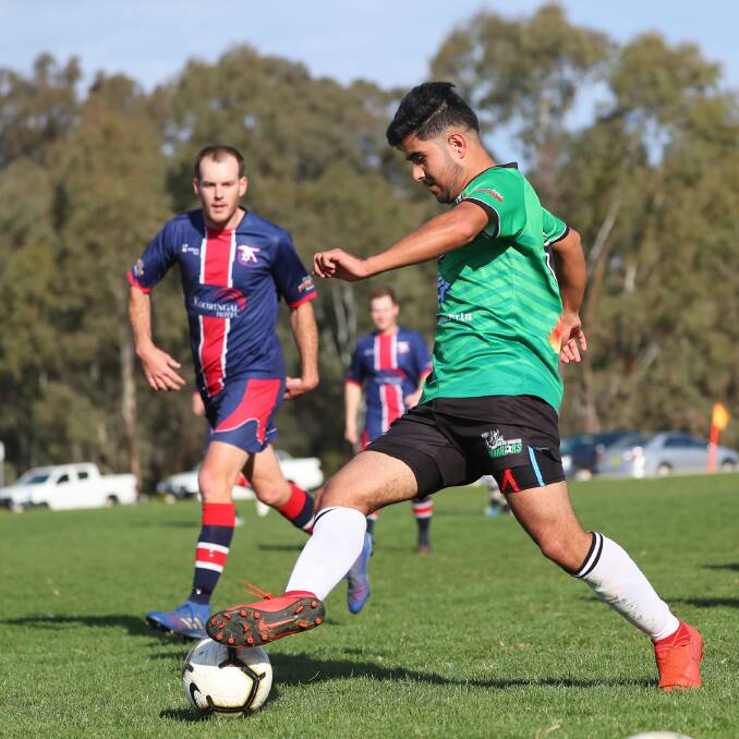 TOUGH LOSS: South Wagga's Bahjat Smoqy dribbles the ball during his side's 4-2 loss to Henwood Park at Rawlings Park on Sunday. Picture: Emma Hillier
