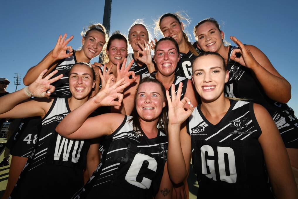 THREE-PEAT: The Rock-Yerong Creek's netballers celebrate their third straight Farrer League netball premiership after Saturday's grand final win over CSU. 