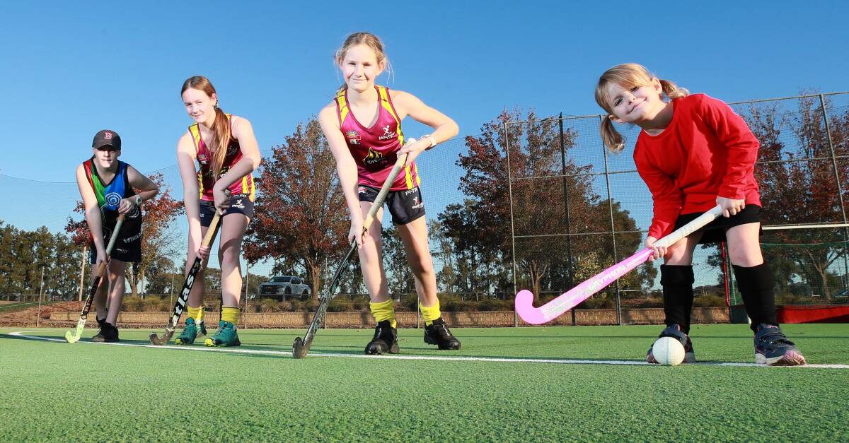 SURGE EXPECTED: Wagga hockey juniors Axel Knowles, Alexis Bailey, Milla Bailey 11 and Payten Knowles at Jubilee Park last year. Picture: Les Smith