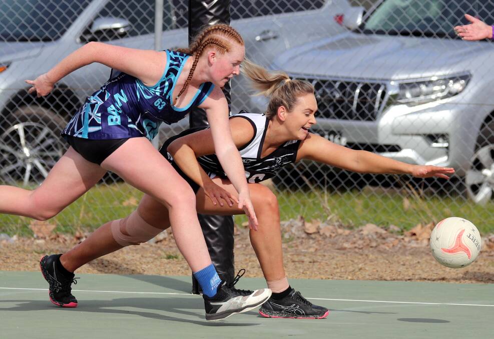 BIG WIN: The Rock-Yerong Creek's Ella Finemore (right) chases down a loose ball with Barellan's Katie Anderson on Saturday. Picture: Les Smith