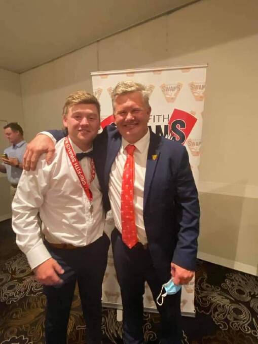 MEMORABLE EVENING: Jack and Phillip Rowston at Griffith's presentation night. Picture: Griffith Swans 