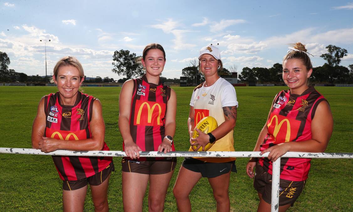 NEW COLOURS: Riverina Lions players Nik Gunning, Tara Hadfield, Amy Coote and Kyra Jackson will represent East Wagga-Kooringal in this year's AFL Southern Women's competition. Picture: Emma Hillier