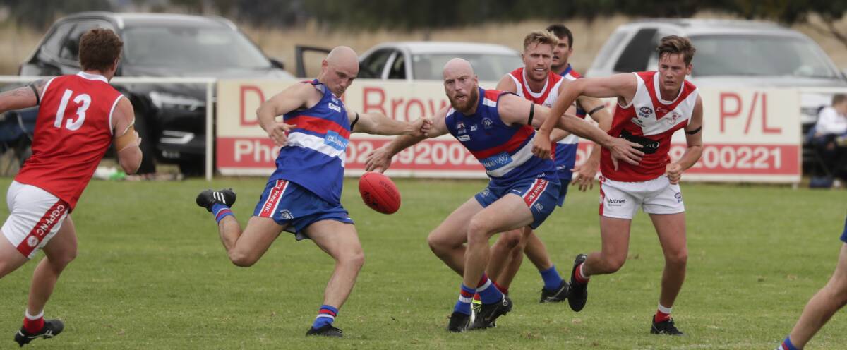 NEW FACE: Turvey Park recruit Callum Dooley gets a kick away during the round one loss to Collingullie-Glenfield Park. Picture: Madeline Begley 