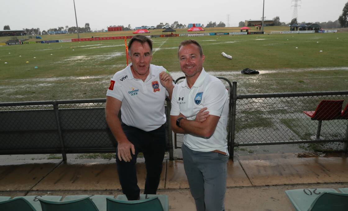 WAGGA PARTNERSHIP: Newcastle CEO Lawrie McKinna and Sydney FC's Danny Townsend. Picture: Les Smith